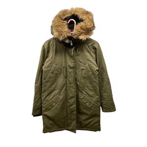 J.Crew Hooded Parka Coat Women's XS Green Faux Fur Lined‎ Quilted Winter Jacket